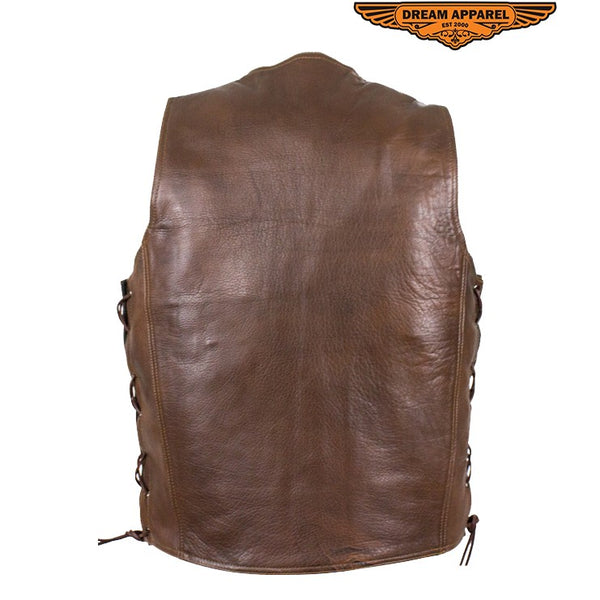 Mens 10 Pocket Brown Motorcycle Leather Vest