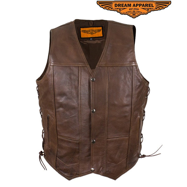 Mens 10 Pocket Brown Motorcycle Leather Vest