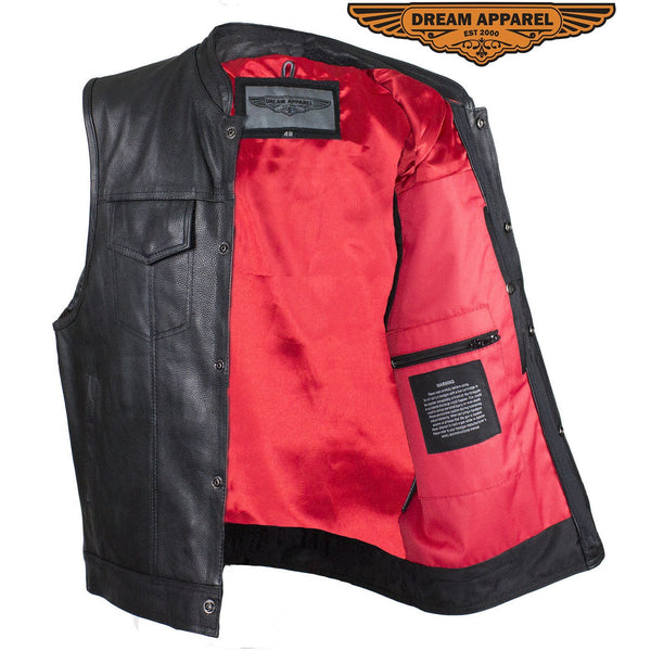 Mens Leather Motorcycle Club Vest With Pockets