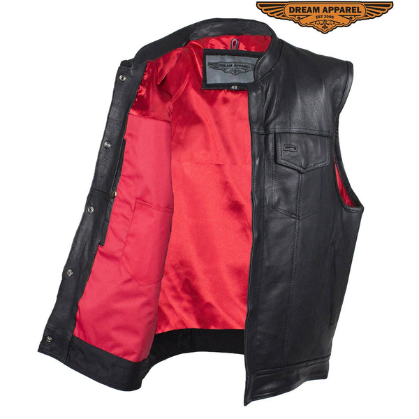 Mens Leather Motorcycle Club Vest With Pockets