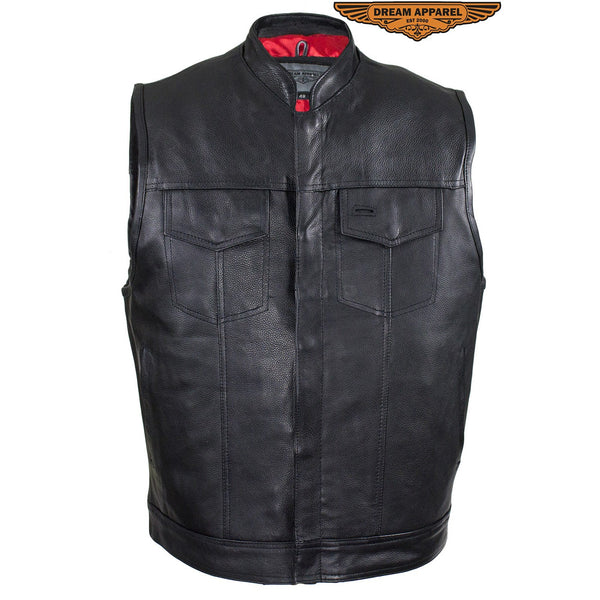 Mens Leather Motorcycle Club Vest With Pockets