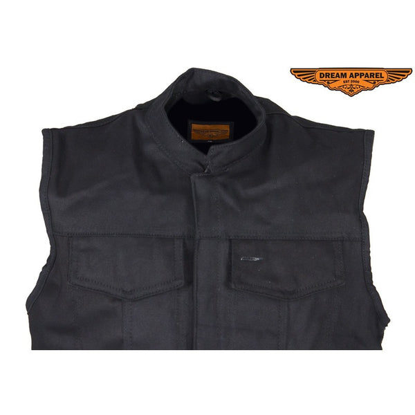 Mens Black Denim Motorcycle Club Vest With Black Liner