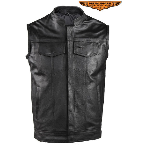 Mens Motorcycle Club Vest Made from leather 2 deep concealed gun pockets inside