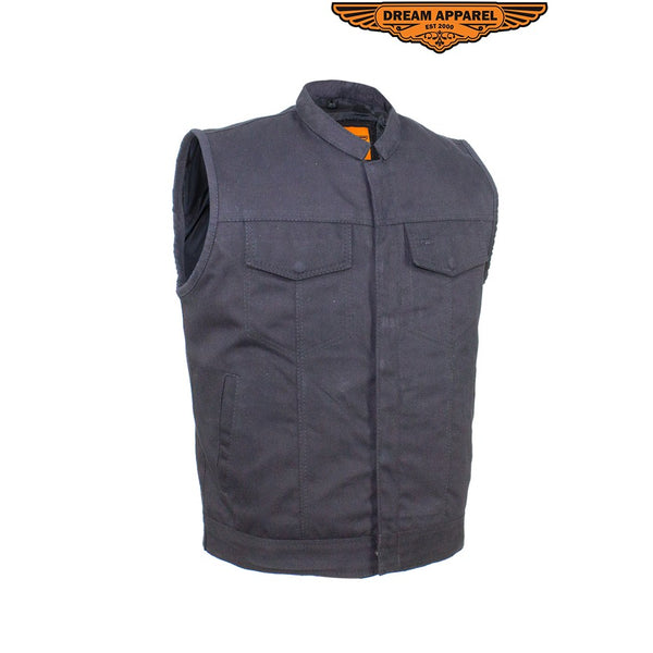 Mens Black Denim Motorcycle Vest With Zipper & Button Snap Front Closure