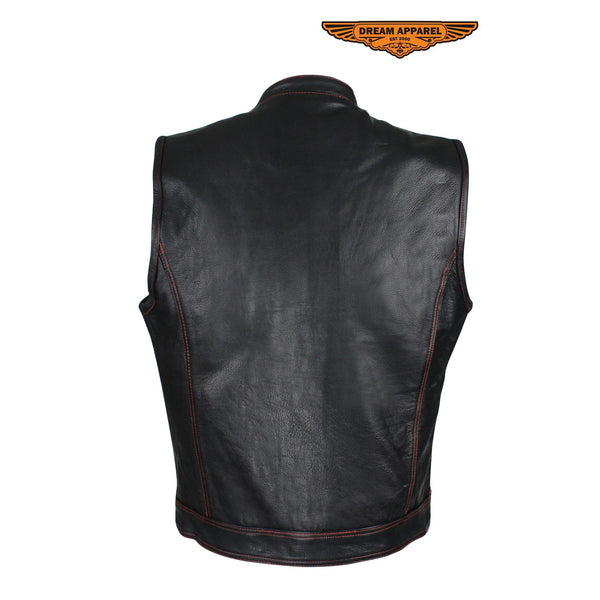 Men's Black Naked Cowhide Leather Motorcycle Vest W/ Red Stitching