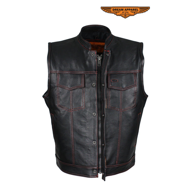 Men's Black Naked Cowhide Leather Motorcycle Vest W/ Red Stitching