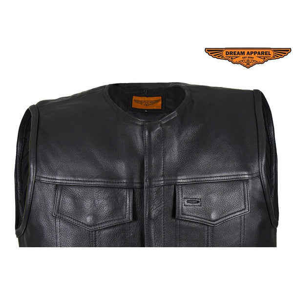 Men's Leather Motorcycle Vest Without Collar