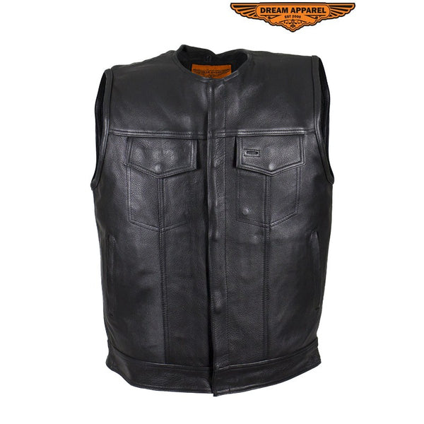 Men's Leather Motorcycle Vest Without Collar