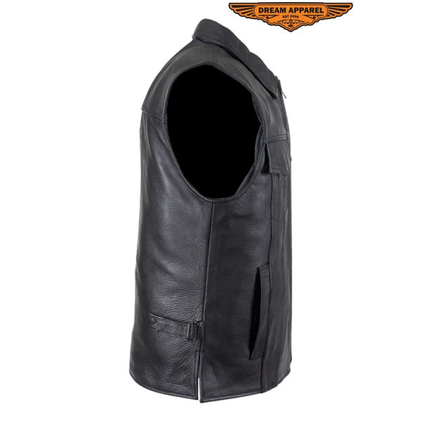 Men's Motorcycle Club Leather Vest With Fold Collar & Hidden Snaps