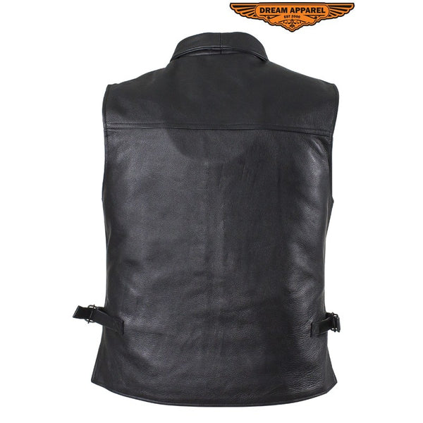 Men's Motorcycle Club Leather Vest With Fold Collar & Hidden Snaps