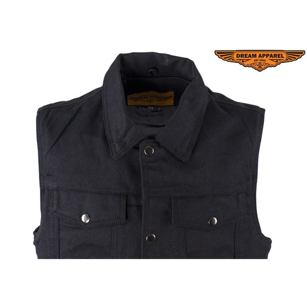 Black Denim Motorcycle Vest With Buttoned Front Closure