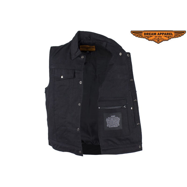 Black Denim Motorcycle Vest With Buttoned Front Closure