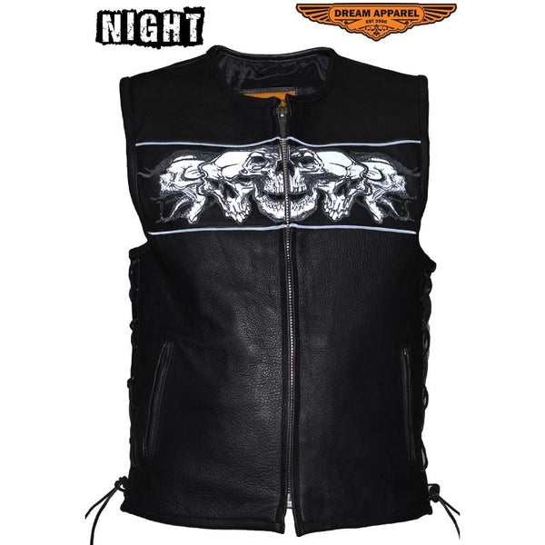 Mens Leather Vest With Reflective Skulls & Gun Pockets