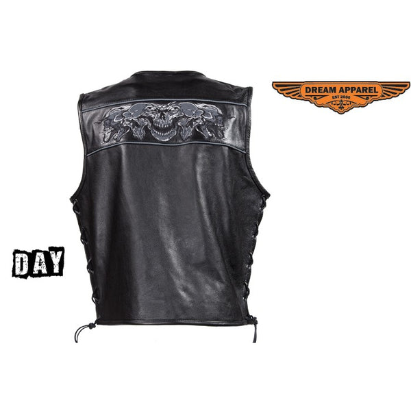 Mens Leather Vest With Reflective Skulls & Gun Pockets