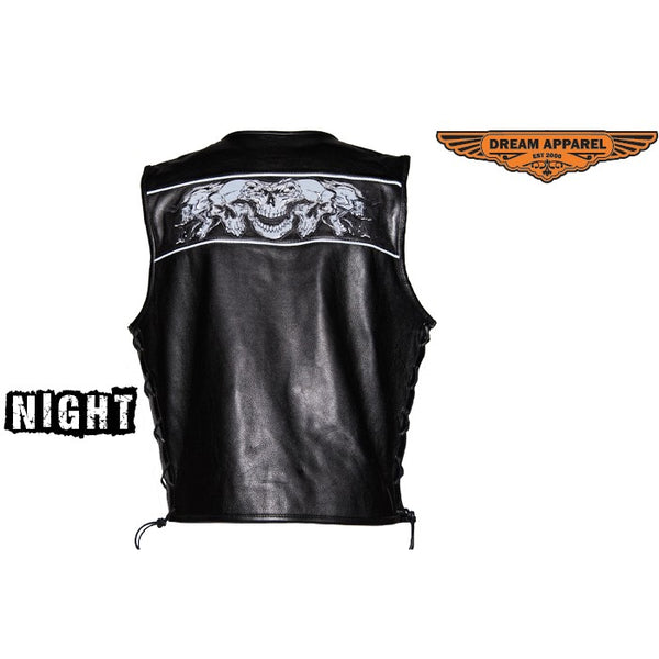 Mens Leather Vest With Reflective Skulls & Gun Pockets