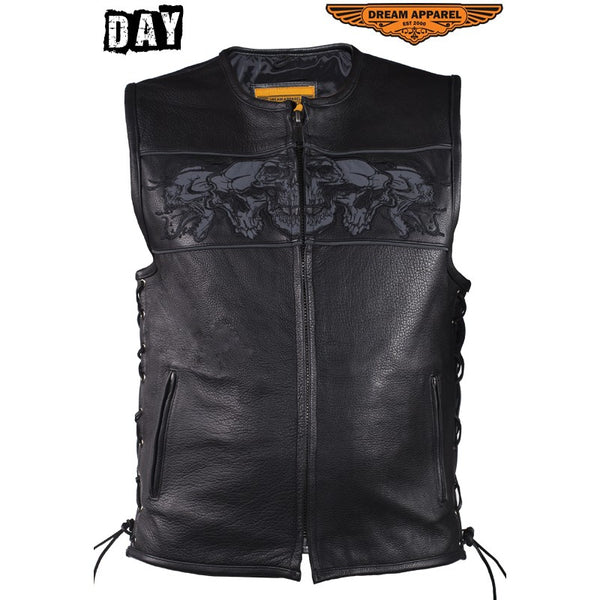 Mens Leather Vest With Reflective Skulls & Gun Pockets