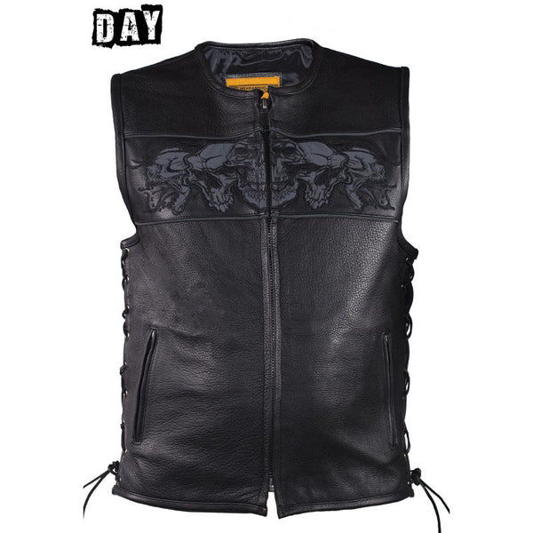 Mens Leather Vest With Reflective Skulls & Gun Pockets