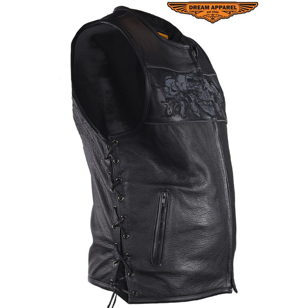 Mens Leather Vest With Reflective Skulls & Gun Pockets