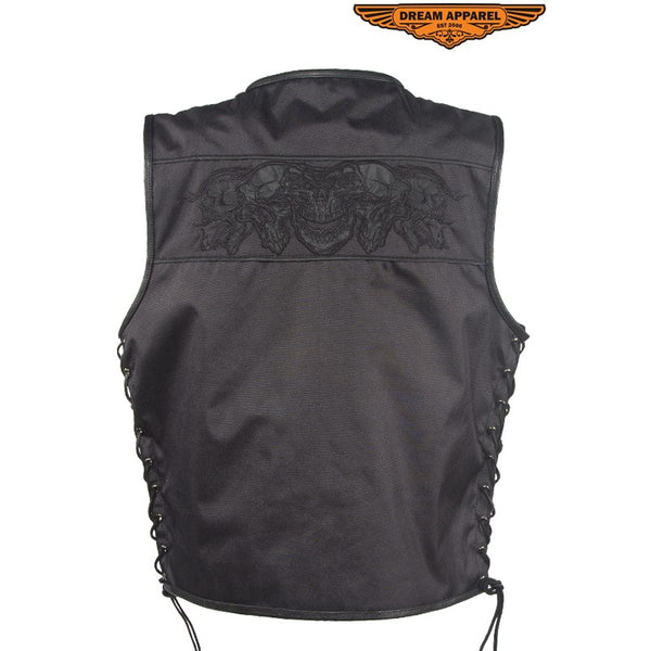 Men's Black Textile Motorcycle Vest With Reflective Skulls Across Chest & Back