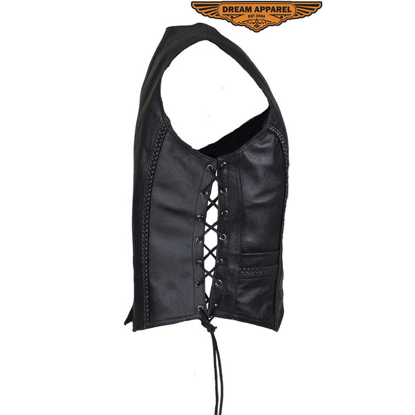 Ladies Split Cowhide Leather Club Vest W/ Side Laces