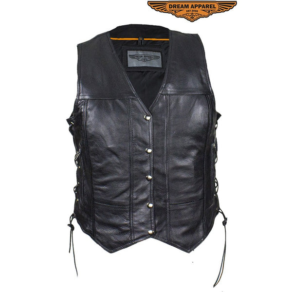 Women's Leather Motorcycle Vest With Concealed Carry Pockets & Side Laces