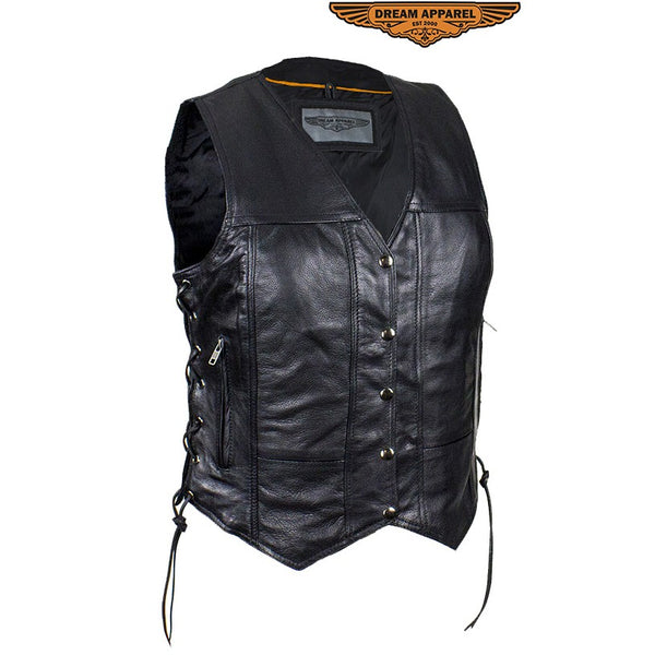Women's Leather Motorcycle Vest With Concealed Carry Pockets & Side Laces