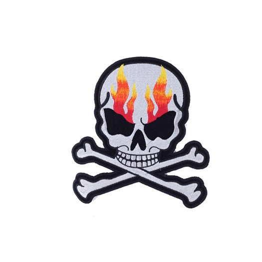 Silver Metallic with Flames Skull Crossbones Patch