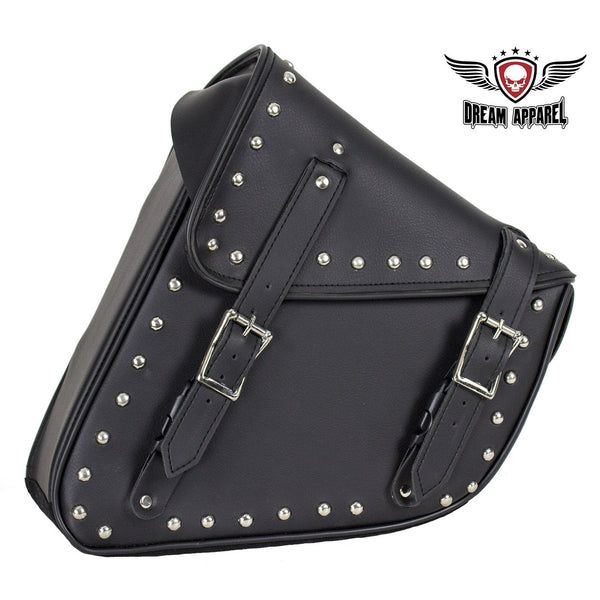 Black PVC Swing Arm Bag Beautiful Studded design Dimensions: 11.5" x 11" x 5.5" Universal fitting: Fits most Softails, Sportsters, and Choppers