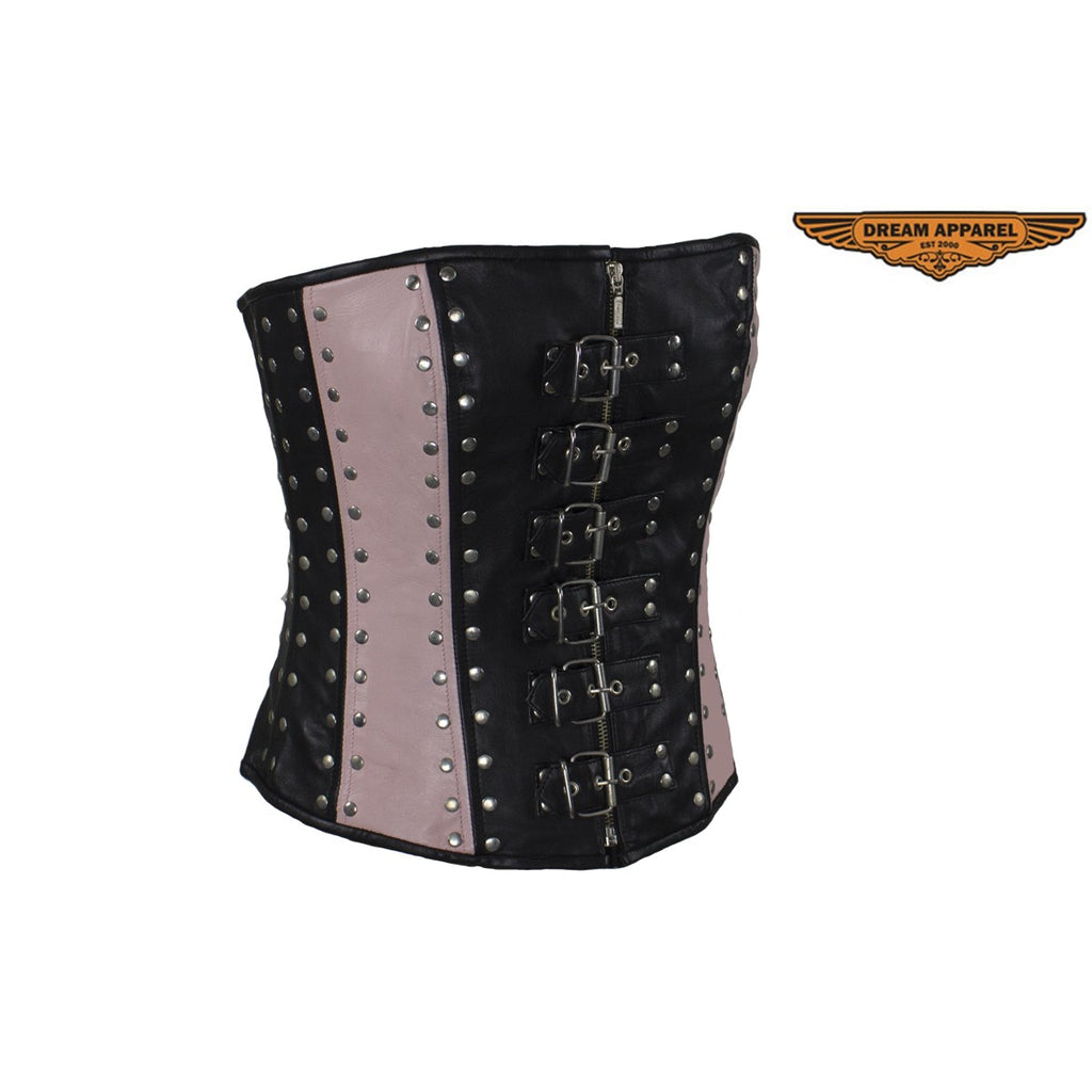 Women's Studded Black & Pink Lambskin Leather Corset