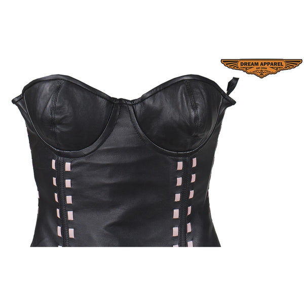 Women's Black Leather Corset with Bra Cups