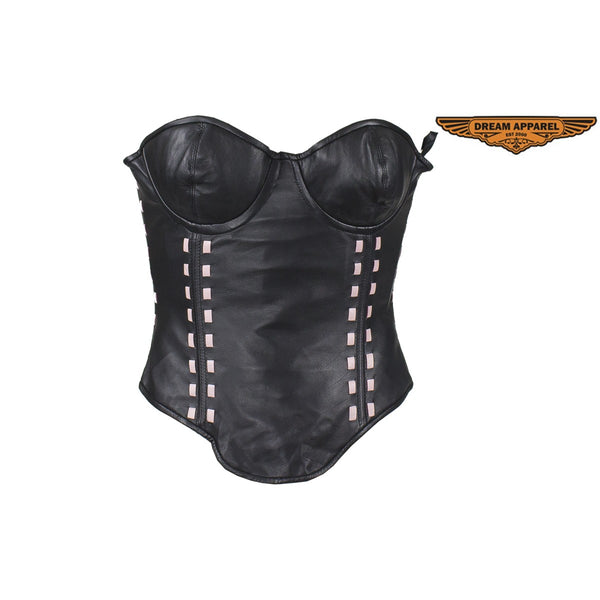 Women's Black Leather Corset with Bra Cups