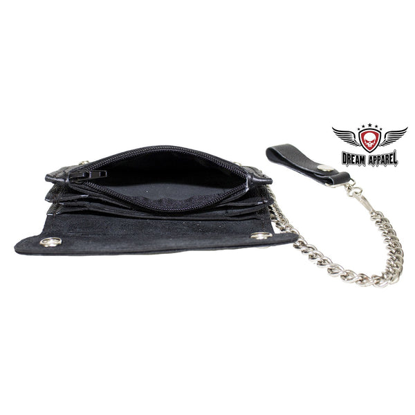 Black Naked Cowhide Leather Embossed Flaming Eagle Multi-Pocket Wallet