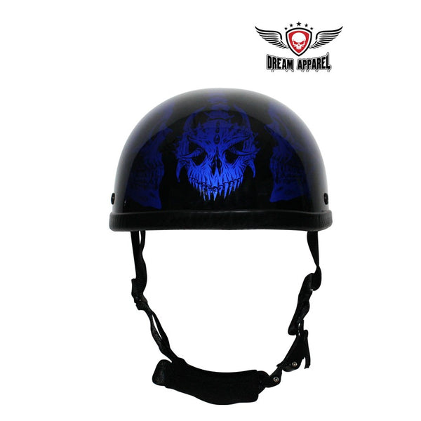 Shiny Blue Motorcycle Novelty Helmet With Horned Skeletons
