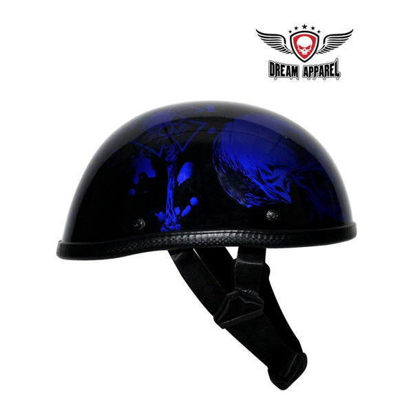 Shiny Blue Motorcycle Novelty Helmet With Horned Skeletons