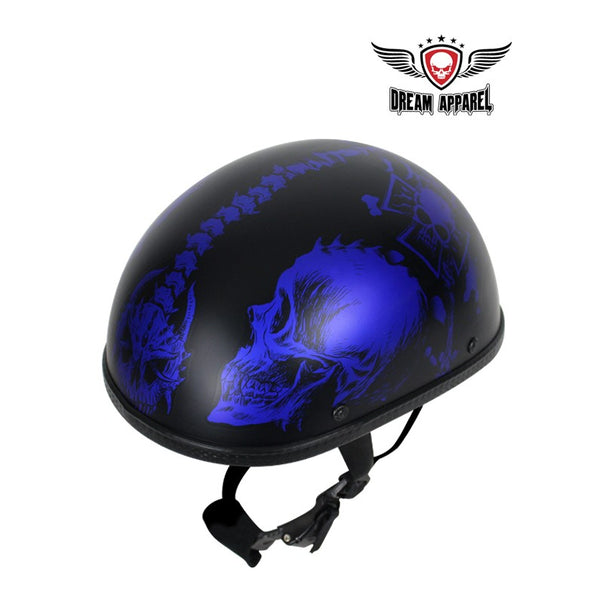Matte Blue Novelty Motorcycle Helmet With Horned Skeletons